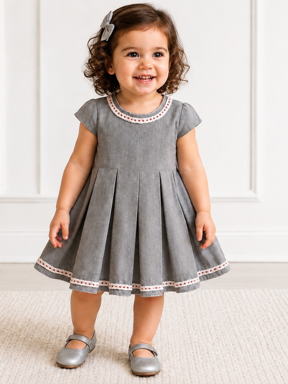 Tahari Baby Dress Gray W/ Metallic Embroidery Shimmer‎ Fully Lined Sz 24 Mo-B16